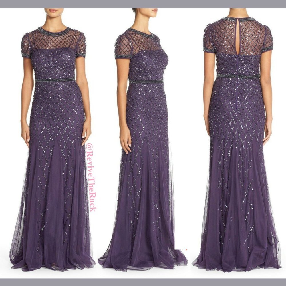 NWT $318 Adrianna Papell Beaded Mesh Godet Gown in Prune Purple [SZ‎ 2 ]